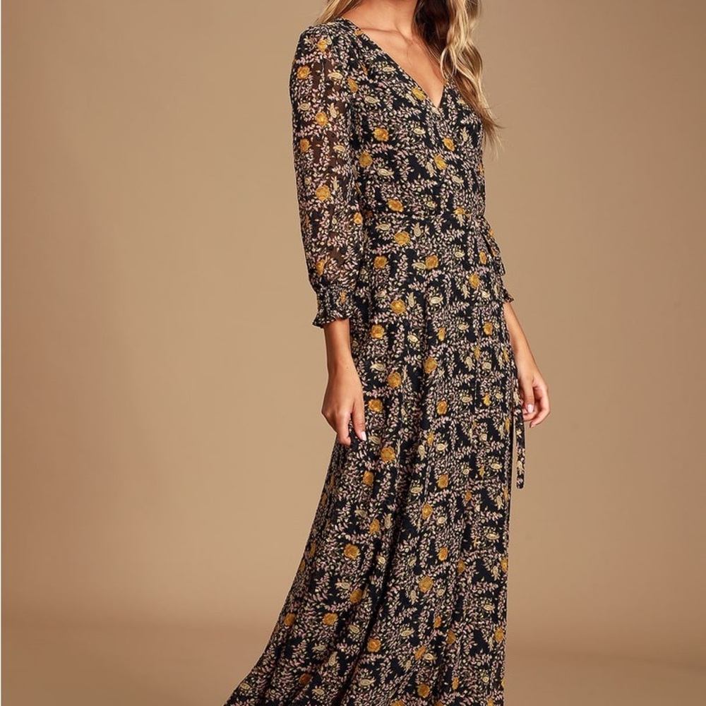 LULUS Meet Me There Black Multi Floral Print Wrap Maxi Dress